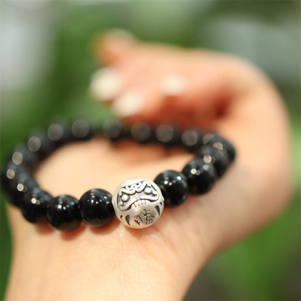 Buddha Stones 925 Sterling Silver Black Onyx Bead Character Engraved Protection Bracelet