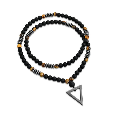 Buddha Stones Black Onyx Tiger Eye Hematite Triangle Arrow Fortune Support Necklace Pendant