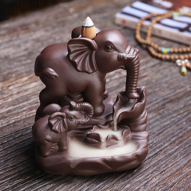 Buddha Stones Tibetan Elephant Purple Clay Backflow Smoke Fountain Protection Incense Burner Decoration