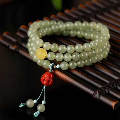 Buddha Stones Jade Red Agate Amber Laughing Buddha Prosperity Bracelet Bracelet BS Jade (♥ Abundance ♥ Luck)