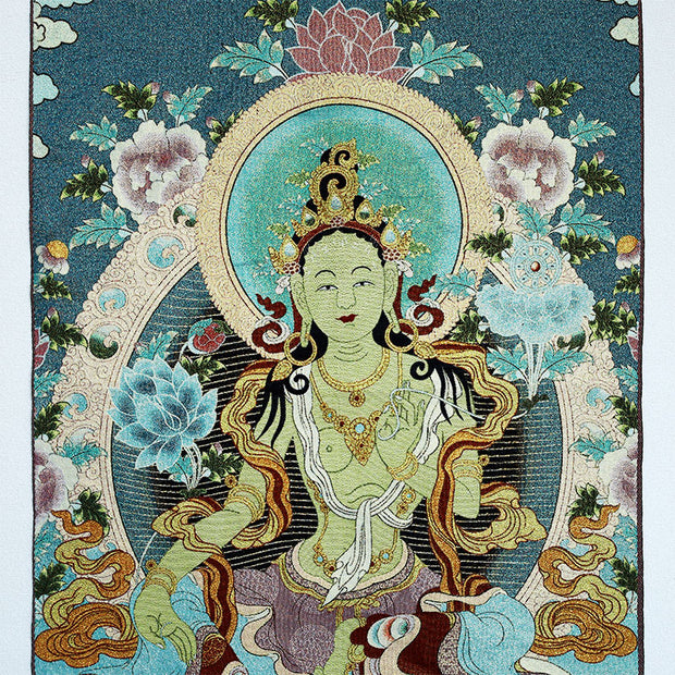 Buddha Stones Tibetan Silk Embroidery White Tara Thangka Tapestry Wall Hanging Wall Art Meditation for Home Decor Decorations BS 5