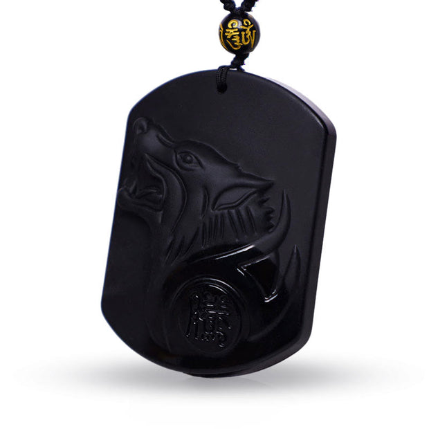 Buddha Stones Black Obsidian Stone Wolf Purification Pendant Necklace Necklaces & Pendants BS 2