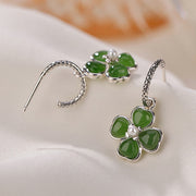 Buddha Stones 925 Sterling Silver Natural Cyan Jade Four Leaf Clover Luck Success Earrings Earrings BS 3
