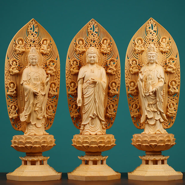 Buddha Stones Handcrafted Kwan Yin Avalokitesvara Tathagata Mahasthamaprapta Bodhisattva Statue Boxwood Abundance Decoration Decorations BS main
