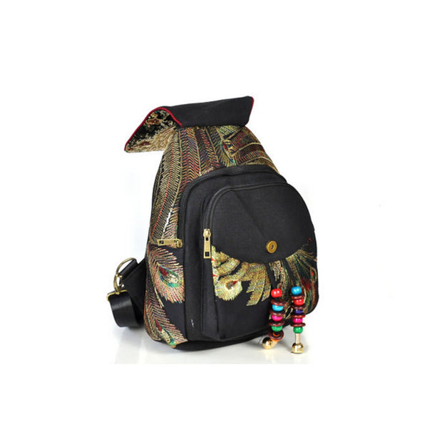 Buddha Stones Peacock Embroidery Canvas Tassel Backpack Backpack BS 16