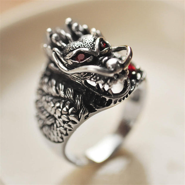 Buddha Stones 925 Sterling Silver Dragon Strength Protection Ring ...