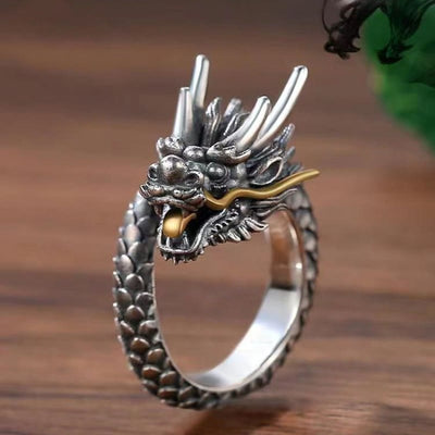 Buddha Stones 925 Sterling Silver Vintage Dragon Design Protection Strength Adjustable Ring Ring BS Copper Dragon