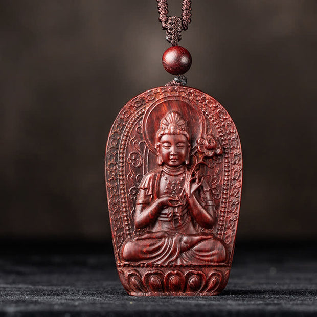 Buddha Stones Chinese Zodiac Natal Buddha Small Leaf Red Sandalwood Lotus Protection Necklace Pendant Necklaces & Pendants BS Horse-Mahasattva Bodhisattva