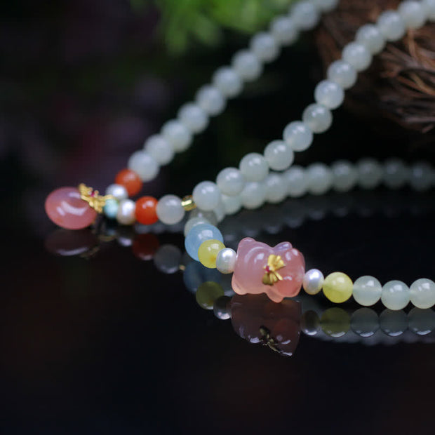 Buddha Stones Natural Hetian Jade Pink Crystal Peace Buckle Happiness Abundance Bracelet Bracelet BS 5