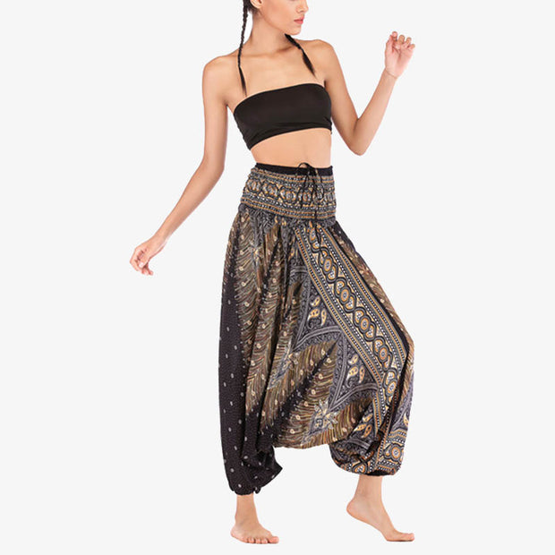 Buddha Stones Two Style Wear Feathers Geometric Pattern Loose Smocked Trousers Jumpsuit Women's Yoga Pants