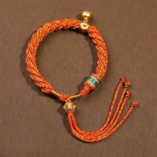 Buddha Stones Tibetan Handmade Luck Protection Thangka Prayer Wheel Bell Charm Braid String Bracelet Bracelet BS 17