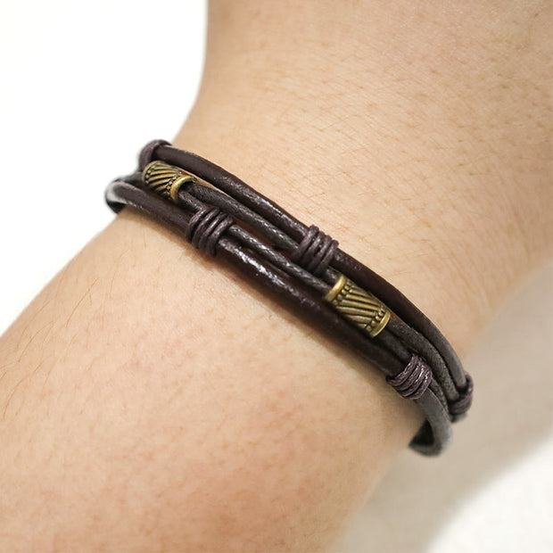 Buddha Stones Vintage Leather Wrist Band Brown Rope Layered Bracelet Bangle