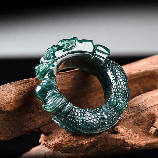 Buddha Stones Natural Cyan Jade Dragon Carved Success Ring Ring BS 3