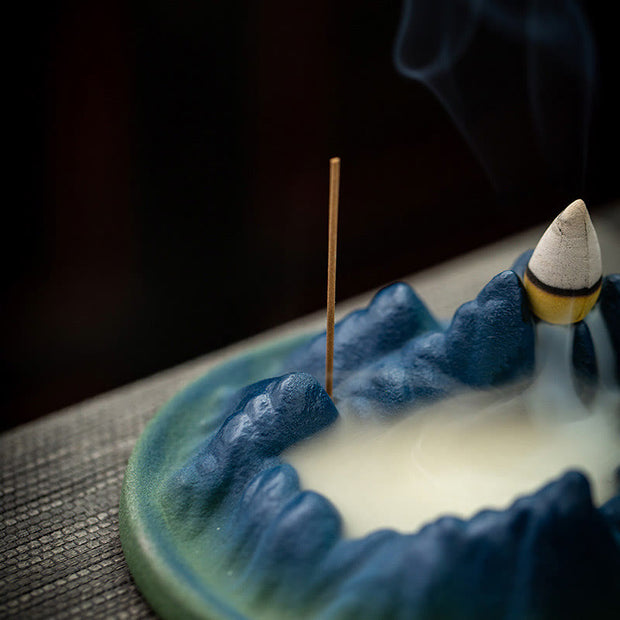 Buddha Stones Creative Mountain River Ceramic Healing Backflow Incense Burner