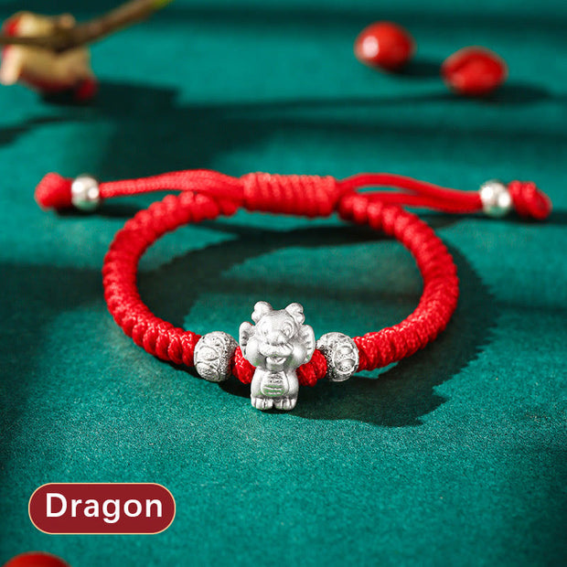 Buddha Stones 999 Sterling Silver Chinese Zodiac Red Rope Luck Handcrafted Kids Bracelet Bracelet BS Dragon(Bracelet Size 12+4cm)