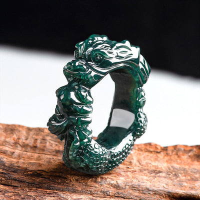 Buddha Stones Natural Cyan Jade Dragon Carved Success Ring Ring BS 23-24mm