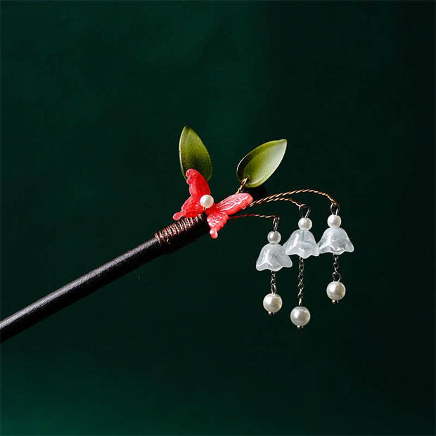 Buddha Stones Pearl Flower Butterfly Love Freedom Tassels Hairpin Hairpin BS Red Butterfly