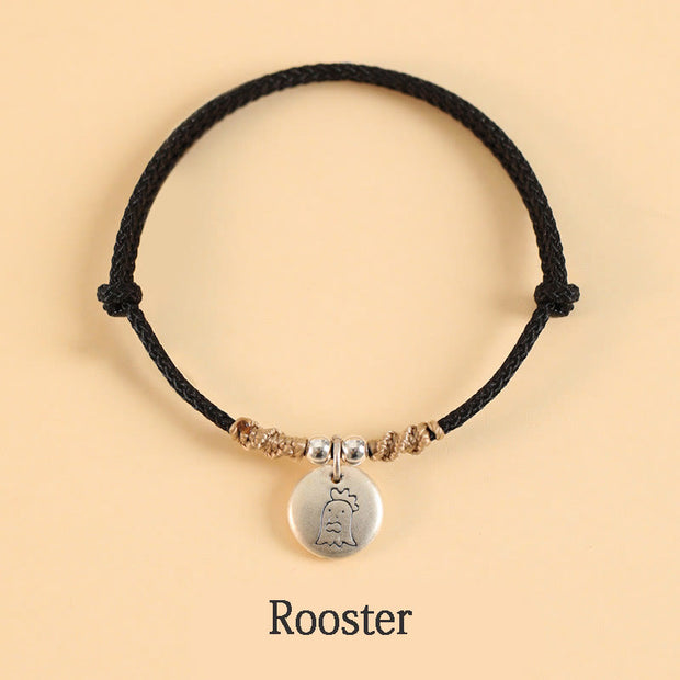 Buddha Stones Handmade 999 Sterling Silver Year of the Dragon Cute Chinese Zodiac Luck Braided Bracelet Bracelet BS Black Rope Rooster(Wrist Circumference 14-17cm)
