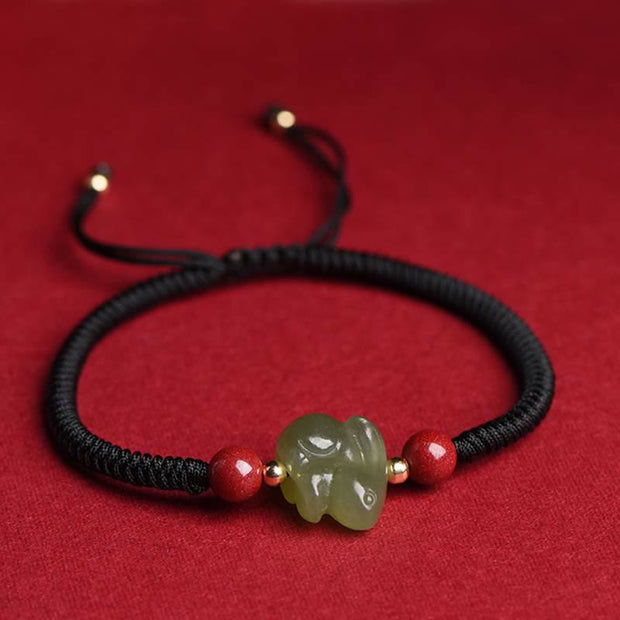 Buddha Stones Year of the Rabbit Hetian Jade Bunny Cinnabar Beaded Abundance String Bracelet Bracelet BS 11