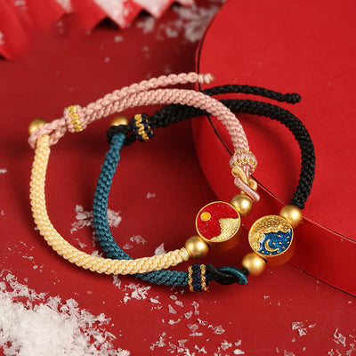 Buddha Stones Handmade Mountain and Sea Engraved Luck Two-Color String Couple Bracelet