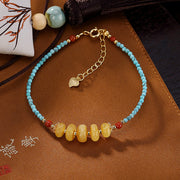 Buddha Stones 925 Sterling Silver Natural Turquoise Amber PiXiu Protection Bracelet Bracelet BS Turquoise Round Amber(Wrist Circumference 15-18cm)
