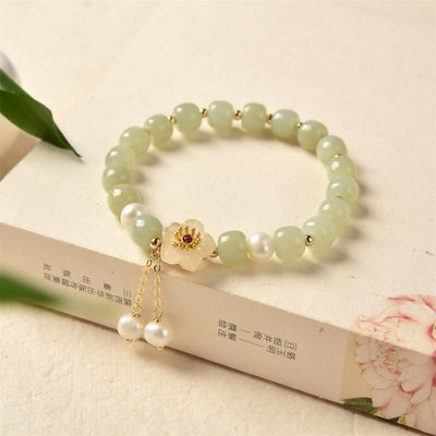 Buddha Stones Hetian Jade Flower Pearl Happiness Abundance Bracelet Bracelet BS Jade ( Protection ♥ Happiness)