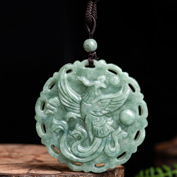 Buddha Stones Chinese Zodiac Dragon Phoenix Round Jade Luck Necklace String Pendant Necklaces & Pendants BS Phoenix