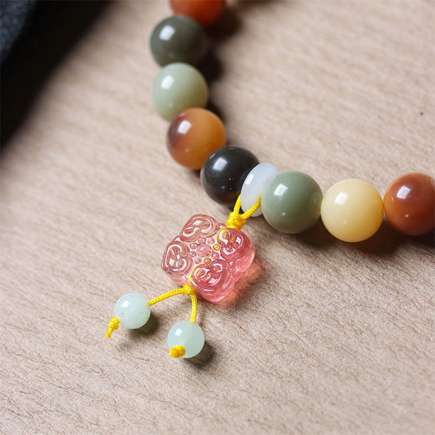 Buddha Stones Natural Multicolored Gradient Bodhi Seed Liuli Glass Charm Peace Bracelet