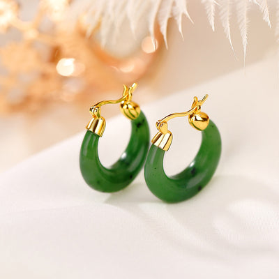 Buddha Stones 925 Sterling Silver Plated Gold Natural Round Hetian Cyan Jade Luck Drop Earrings Earrings BS Hetian Cyan Jade(Success♥Healing)