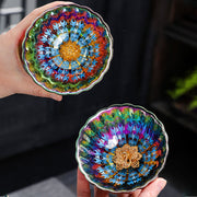Buddha Stones Vivid Peacock Lotus Gold Inlaid Design Colorful Chinese Jianzhan Ceramic Teacup Kung Fu Tea Cup
