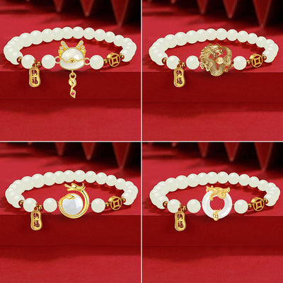 Buddha Stones Year of the Dragon White Jade Peace Buckle Fu Character Dragon Protection Alloy Bracelet