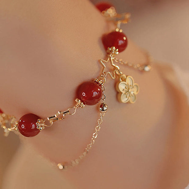 Buddha Stones 14k Gold Plated Red Agate Star Flower Charm Calm Bracelet Bracelet BS 9