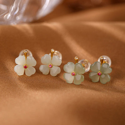 Buddha Stones 925 Sterling Silver Hetian Jade Cyan Jade Four Leaf Clover Luck Stud Earrings Earrings BS main