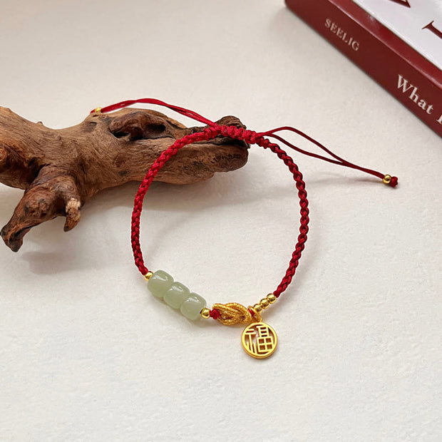 Buddha Stones Handcrafted Jade Bead Fu Character Charm Luck Red Rope Bracelet Bracelet BS 14-22cm