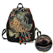 Buddha Stones Peacock Embroidery Canvas Tassel Backpack Backpack BS 1