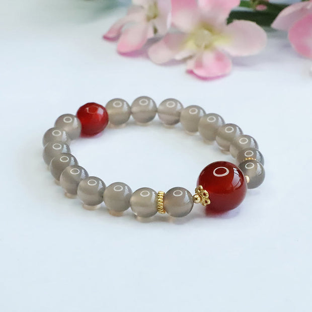 Buddha Stones Natural Gray Chalcedony Red Agate Harmony Bracelet Bracelet BS 6