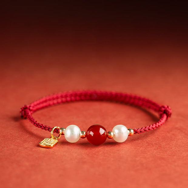Buddha Stones 925 Sterling Silver Good Fortune Fu Character Agate Pearl Red String Braid Bracelet Bracelet BS 7