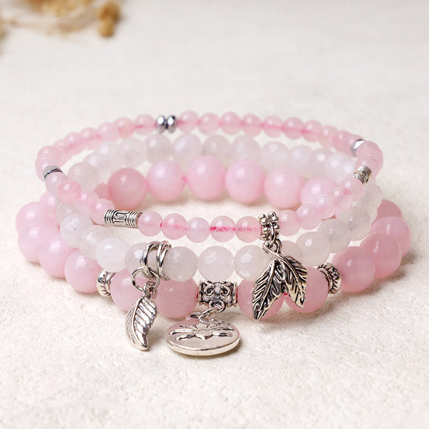 Buddha Stones 3PCS Natural Quartz Crystal Beaded Healing Energy Lotus Bracelet Bracelet BS Pink Crystal