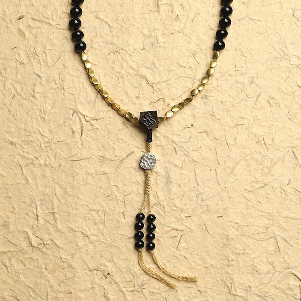Buddha Stones Tibetan 108 Mala Beads Black Onyx Three-eyed Dzi Beads Protection Bracelet