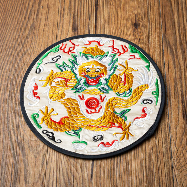 Buddha Stones Dragon Embroidery Cup Mat Pad Tea Cup Coaster Kung Fu Tea Mat Tea Mat BS White Dragon