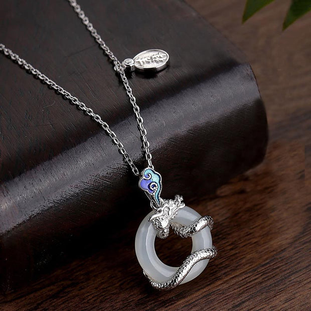 Buddha Stones Year Of The Dragon 925 Sterling Silver Hetian White Jade Peace Buckle Auspicious Clouds Success Necklace Pendant