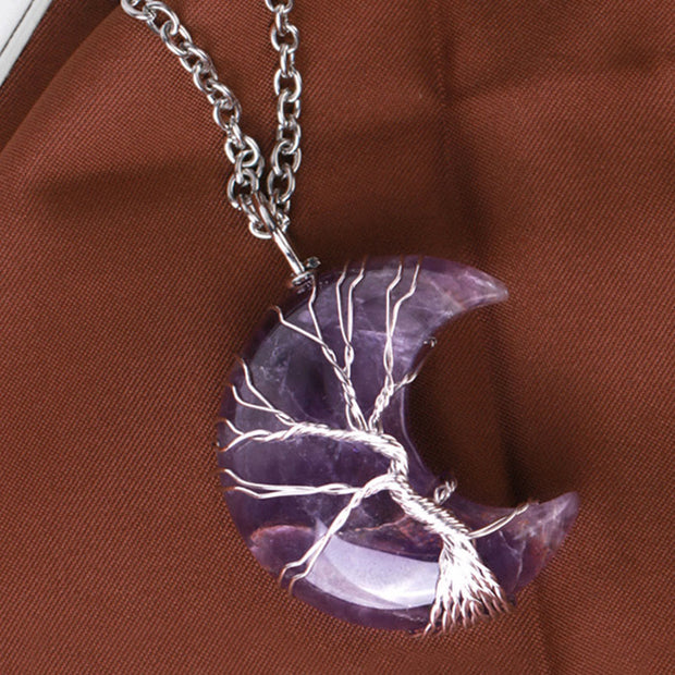 Buddha Stones Natural Quartz Crystal Moon Tree Of Life Healing Energy Necklace Pendant Necklaces & Pendants BS 1