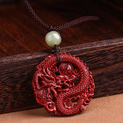 Buddha Stones Year Of The Dragon Natural Cinnabar Hetian Jade Bead Copper Coin Attract Wealth Strength Necklace Pendant