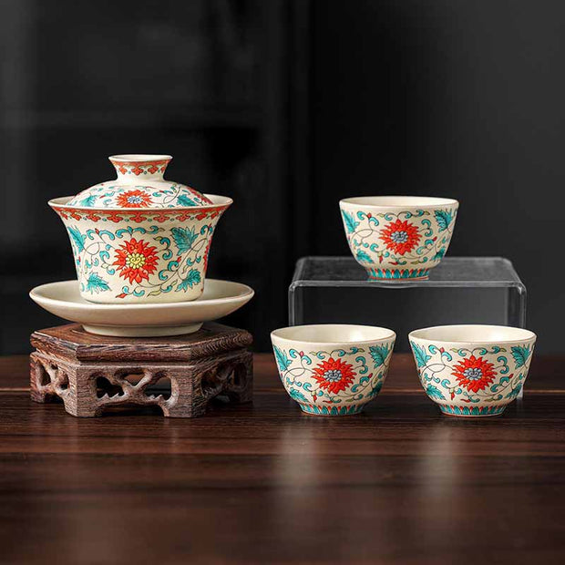 Buddha Stones A Panorama of Rivers and Mountains Flowers Ceramic Gaiwan Sancai Teacup Kung Fu Tea Cup And Saucer With Lid