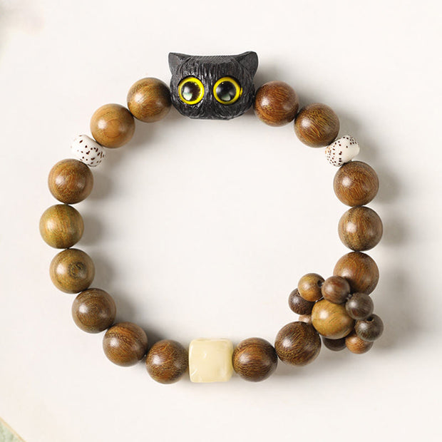 Buddha Stones Green Sandalwood Ebony Wood Cat Peace Soothing Bracelet