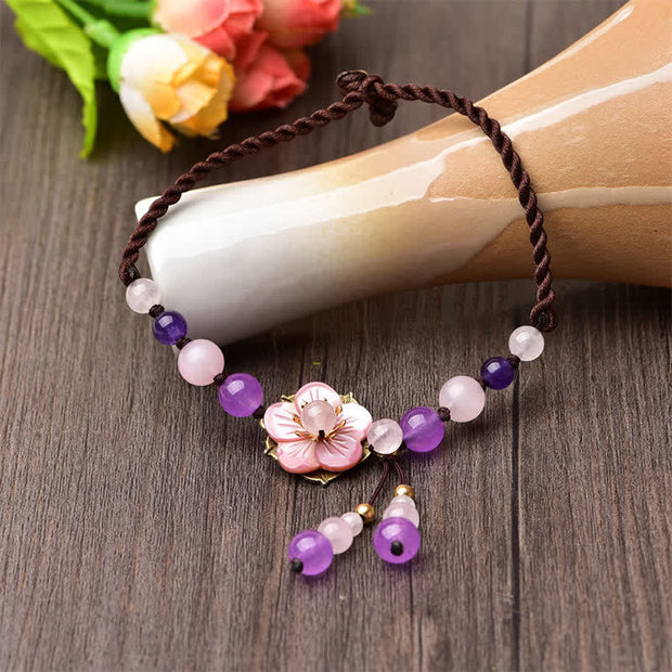 Buddha Stones Natural Amethyst Rose Quartz Crystal Charm Lucky Healing Anklet Anklet BS 4