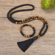 Buddha Stones Tibetan Black Onyx Tiger Eye Protection Necklace Mala Set