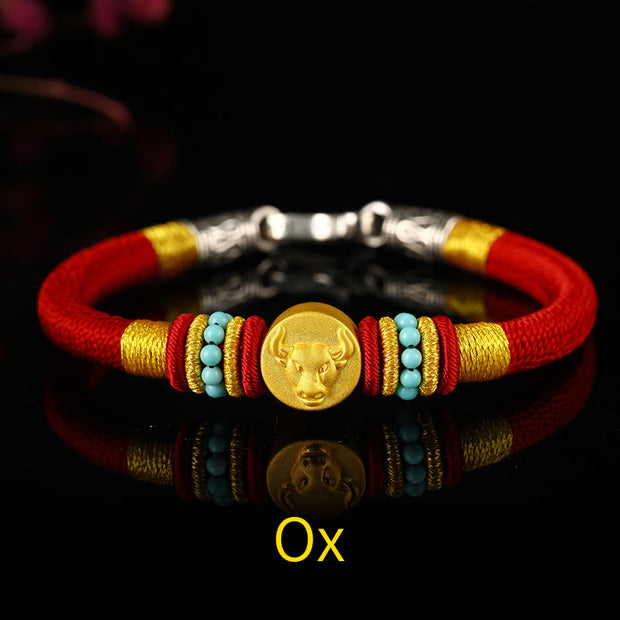Buddha Stones 999 Gold Chinese Zodiac Om Mani Padme Hum King Kong Knot Protection Handcrafted Bracelet Bracelet BS 4