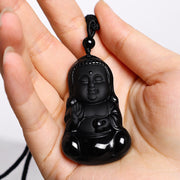 Buddha Stones Natural Black Obsidian Crystal Buddha Strength Protection Amulet Lucky Charm Pendant Necklace Necklaces & Pendants BS 4