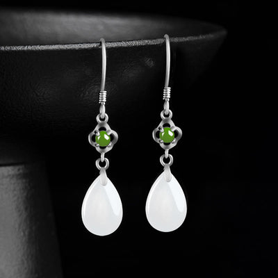 Buddha Stones 925 Sterling Silver Natural Hetian White Jade Water Drop Design Protection Drop Dangle Earrings Earrings BS Hetian White Jade(Protection♥Happiness)
